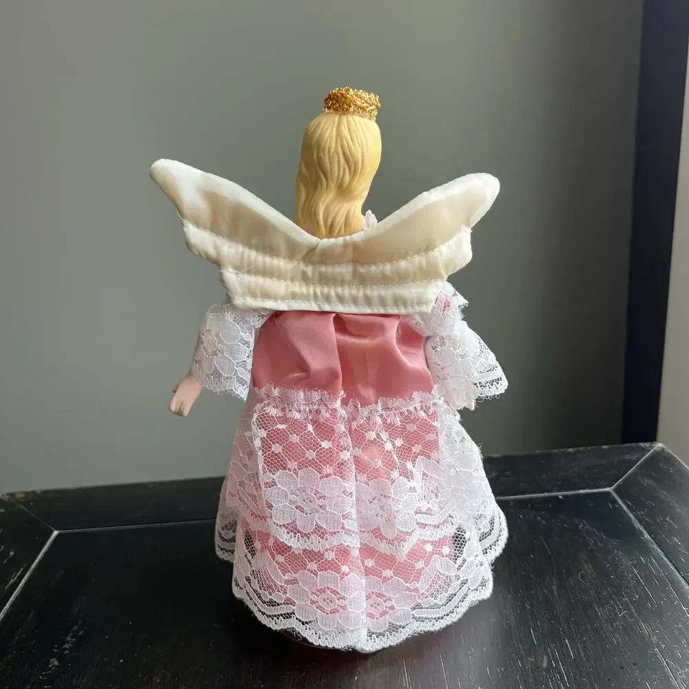 Pink and White Angel Christmas Tree Topper-9 inches Porcelain Head Small 9.5 in